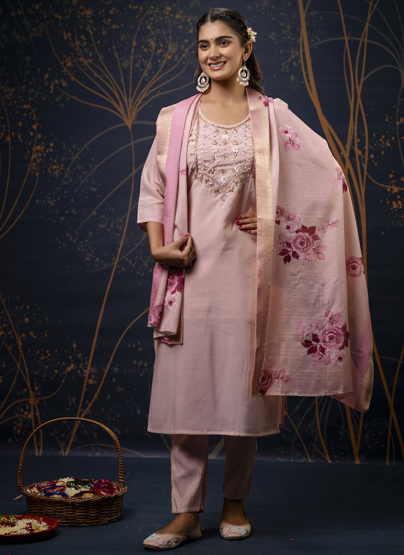 Vegaa Fashion Baby Pink Shimmer Silk Embroidered Salwar Suit | Grocsy