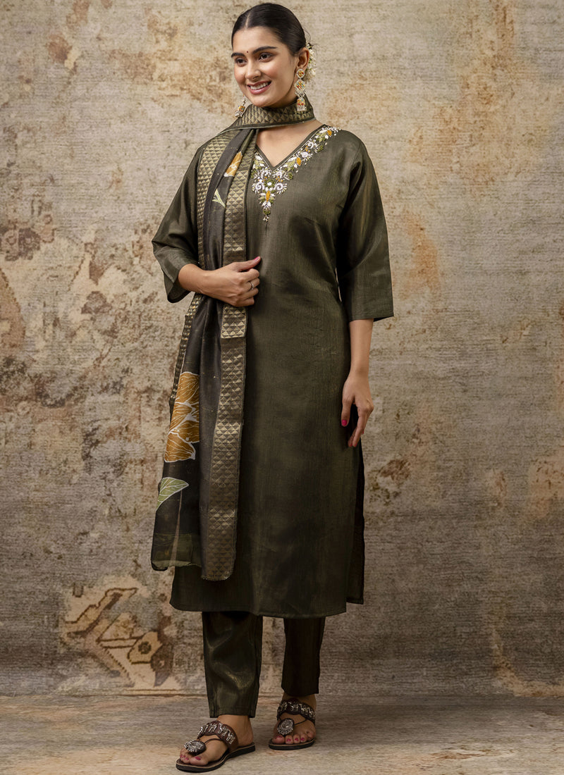 Vegaa Fashion Dark Mehendi Shimmer Silk Embroidered Salwar Suit | Grocsy