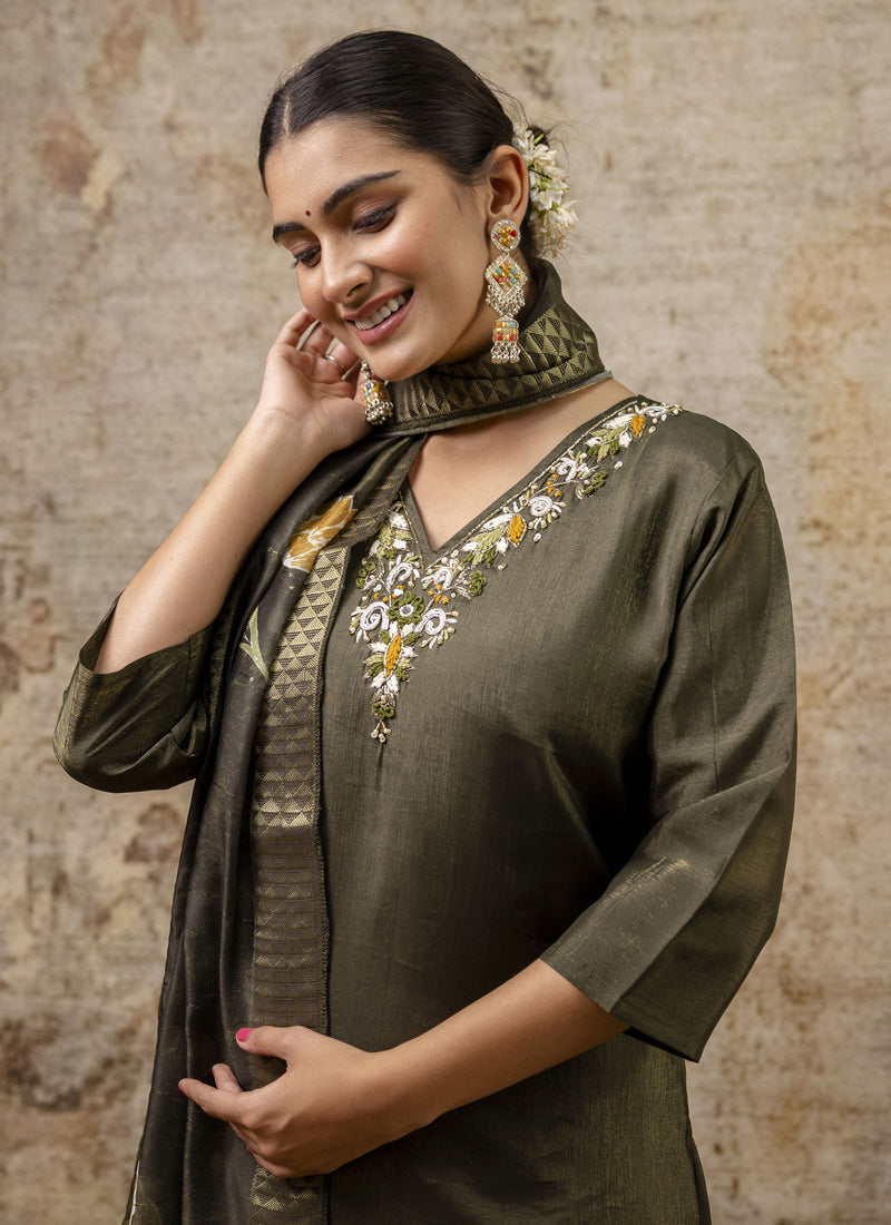 Vegaa Fashion Dark Mehendi Shimmer Silk Embroidered Salwar Suit | Grocsy