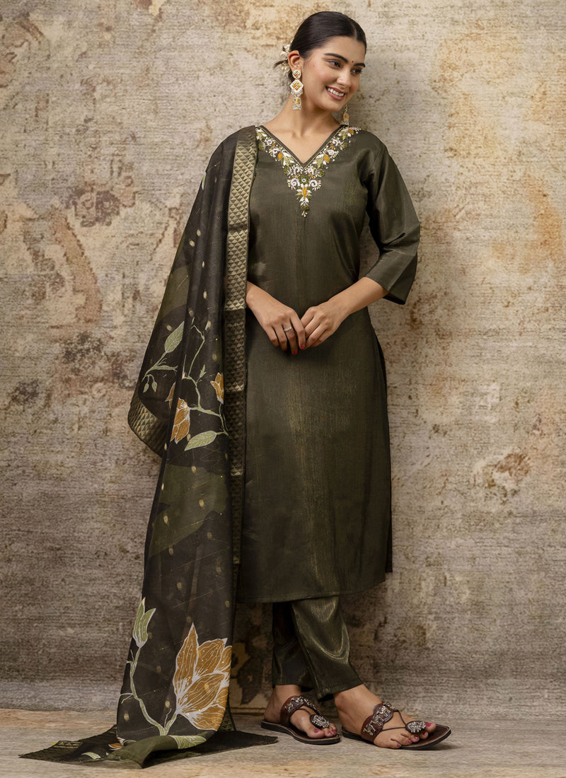 Vegaa Fashion Dark Mehendi Shimmer Silk Embroidered Salwar Suit | Grocsy