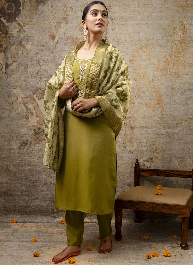 Vegaa Fashion Parrot Green Shimmer Silk Embroidered Salwar Suit | Grocsy