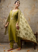 Vegaa Fashion Parrot Green Shimmer Silk Embroidered Salwar Suit | Grocsy