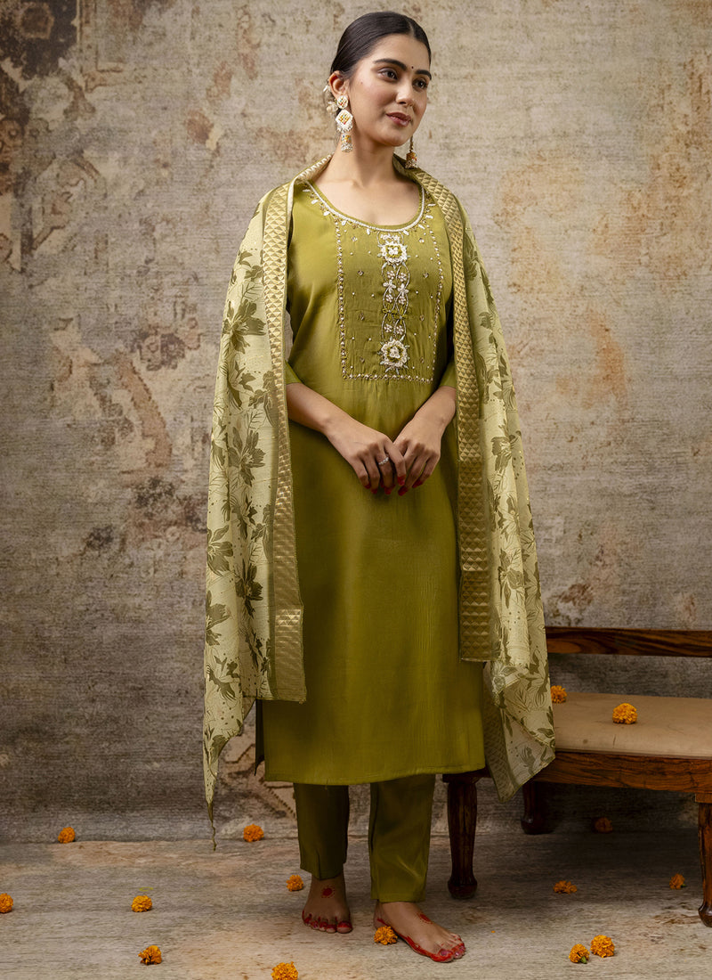 Vegaa Fashion Parrot Green Shimmer Silk Embroidered Salwar Suit | Grocsy