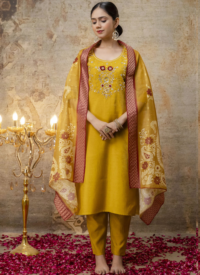 Vegaa Fashion Yellow Shimmer Silk Embroidered Salwar Suit | Grocsy
