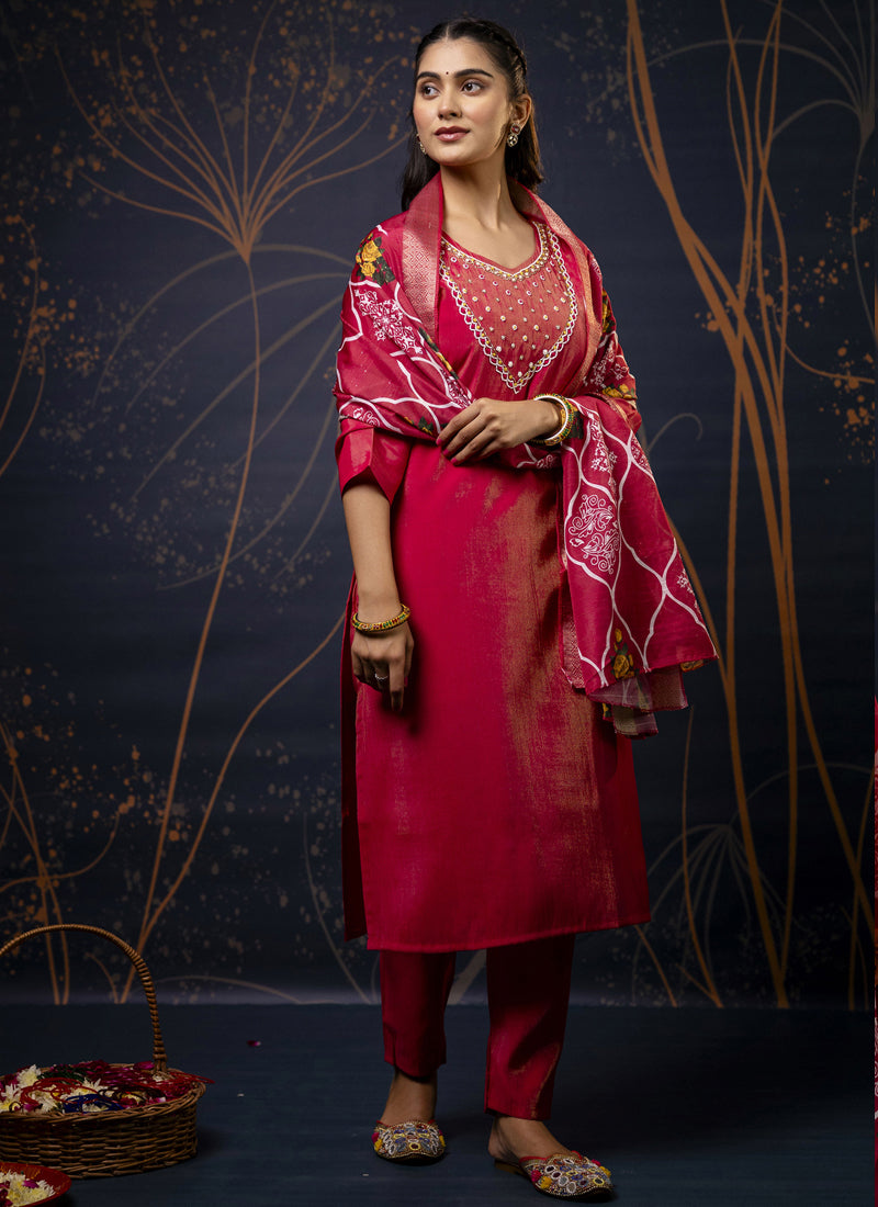 Vegaa Fashion Red Shimmer Silk Embroidered Salwar Suit | Grocsy