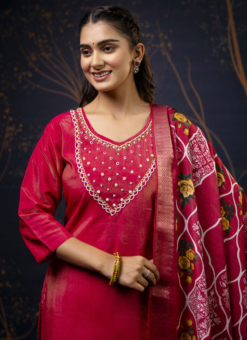 Vegaa Fashion Red Shimmer Silk Embroidered Salwar Suit | Grocsy