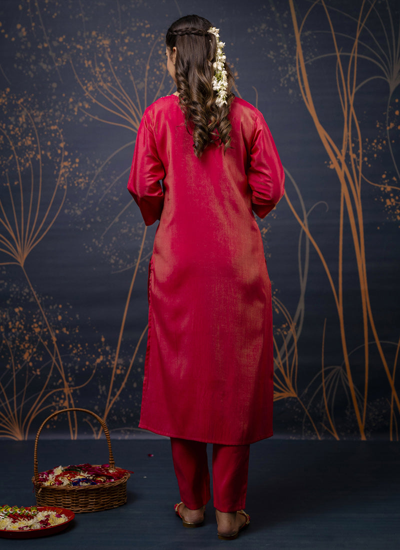Vegaa Fashion Red Shimmer Silk Embroidered Salwar Suit | Grocsy