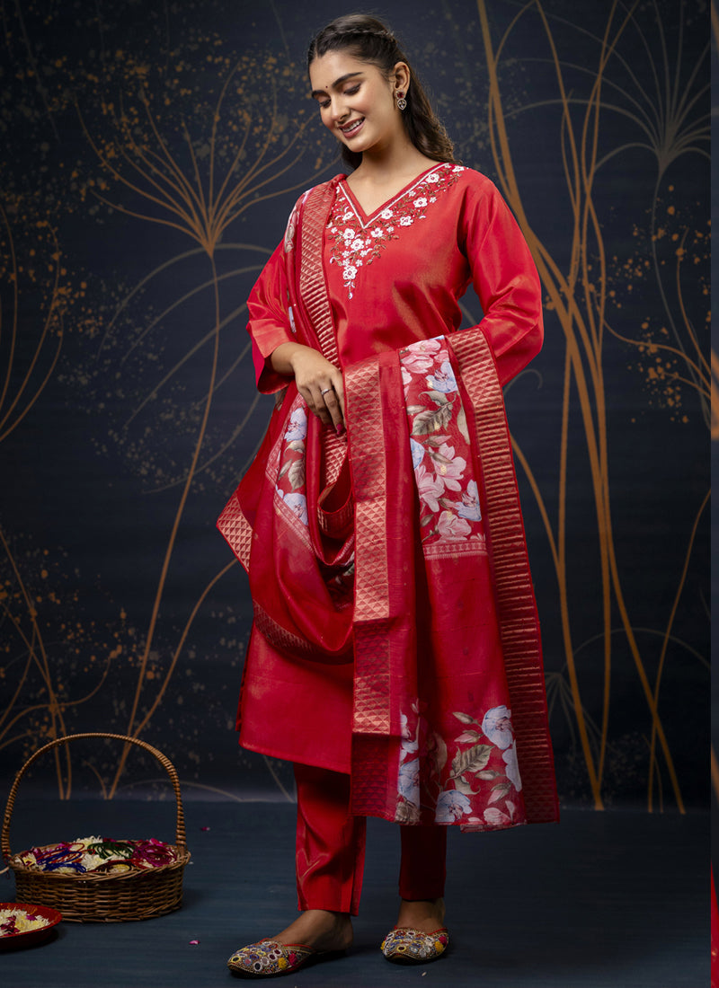 Vegaa Fashion Red Shimmer Silk Embroidered Salwar Suit | Grocsy