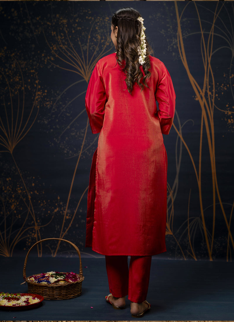 Vegaa Fashion Red Shimmer Silk Embroidered Salwar Suit | Grocsy