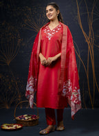 Vegaa Fashion Red Shimmer Silk Embroidered Salwar Suit | Grocsy