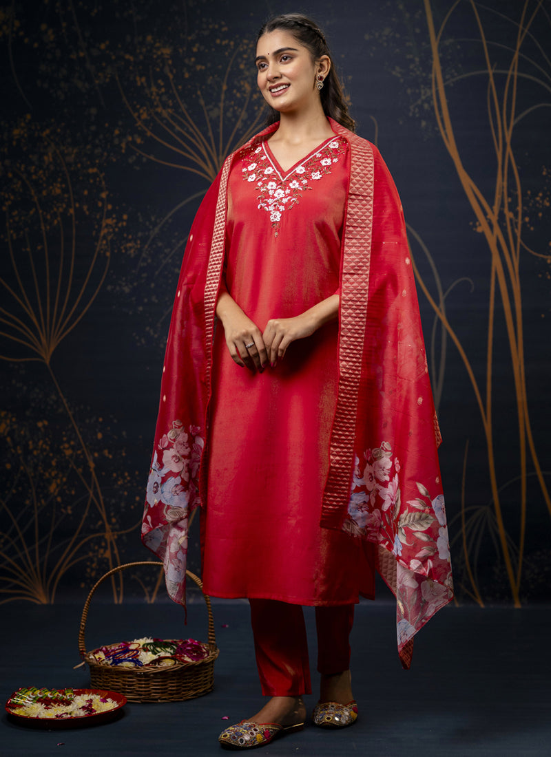 Vegaa Fashion Red Shimmer Silk Embroidered Salwar Suit | Grocsy