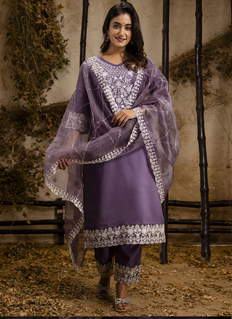 Vegaa Fashion Lavender Shimmer Silk Embroidered Salwar Suit | Grocsy