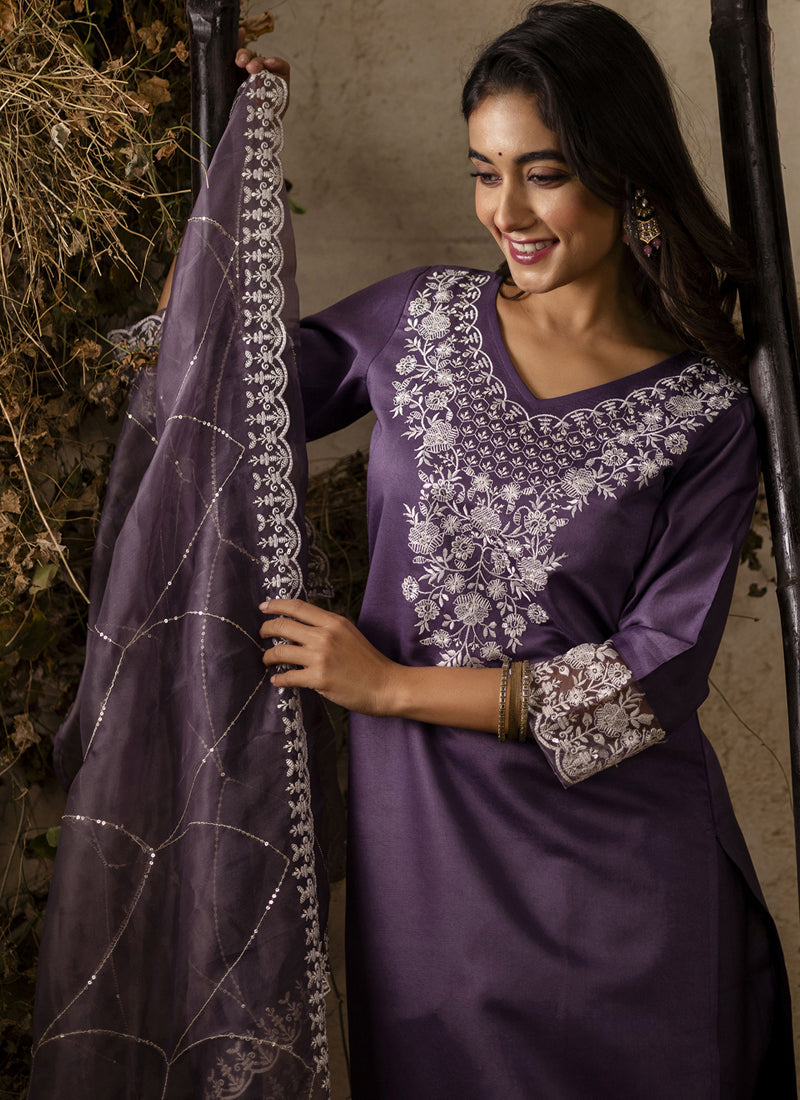 Vegaa Fashion Lavender Shimmer Silk Embroidered Salwar Suit | Grocsy