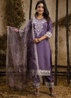 Vegaa Fashion Lavender Shimmer Silk Embroidered Salwar Suit | Grocsy
