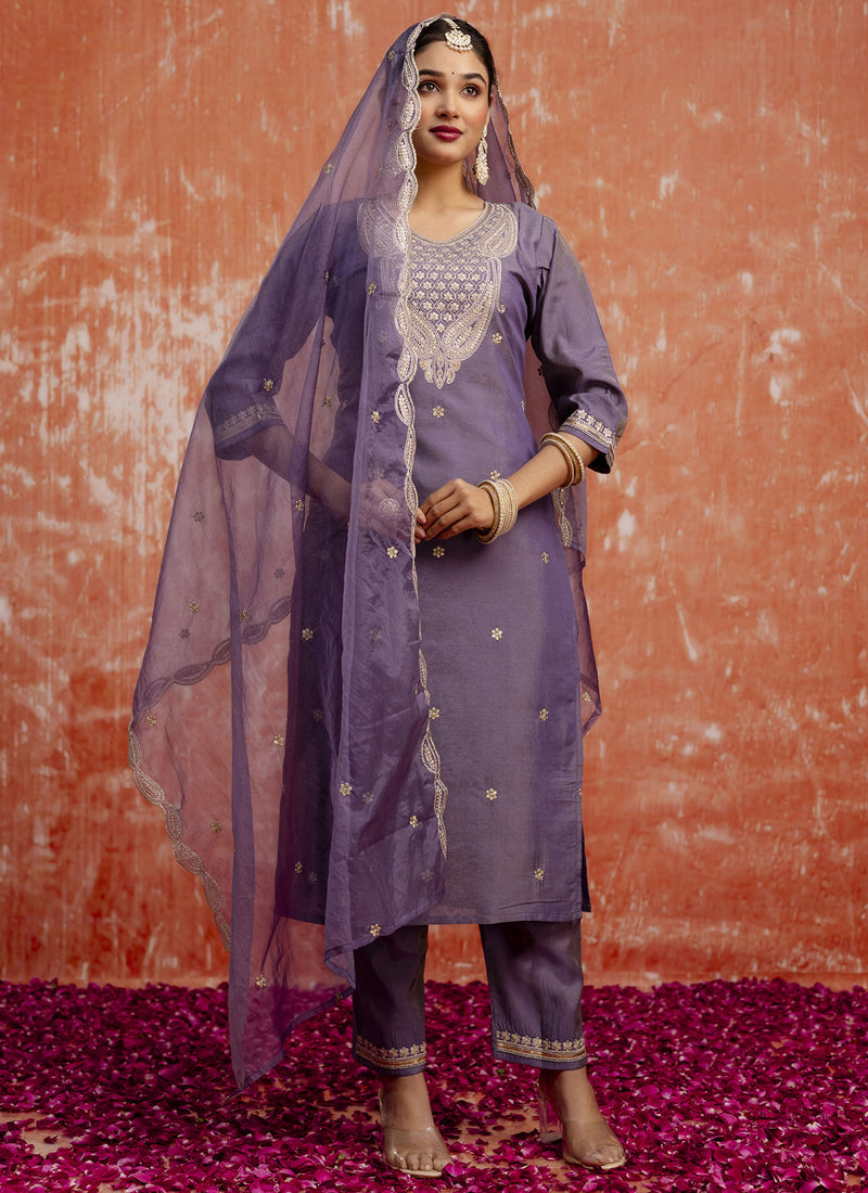 Vegaa Fashion Lavender Silk Blend Embroidered Salwar Suit | Grocsy