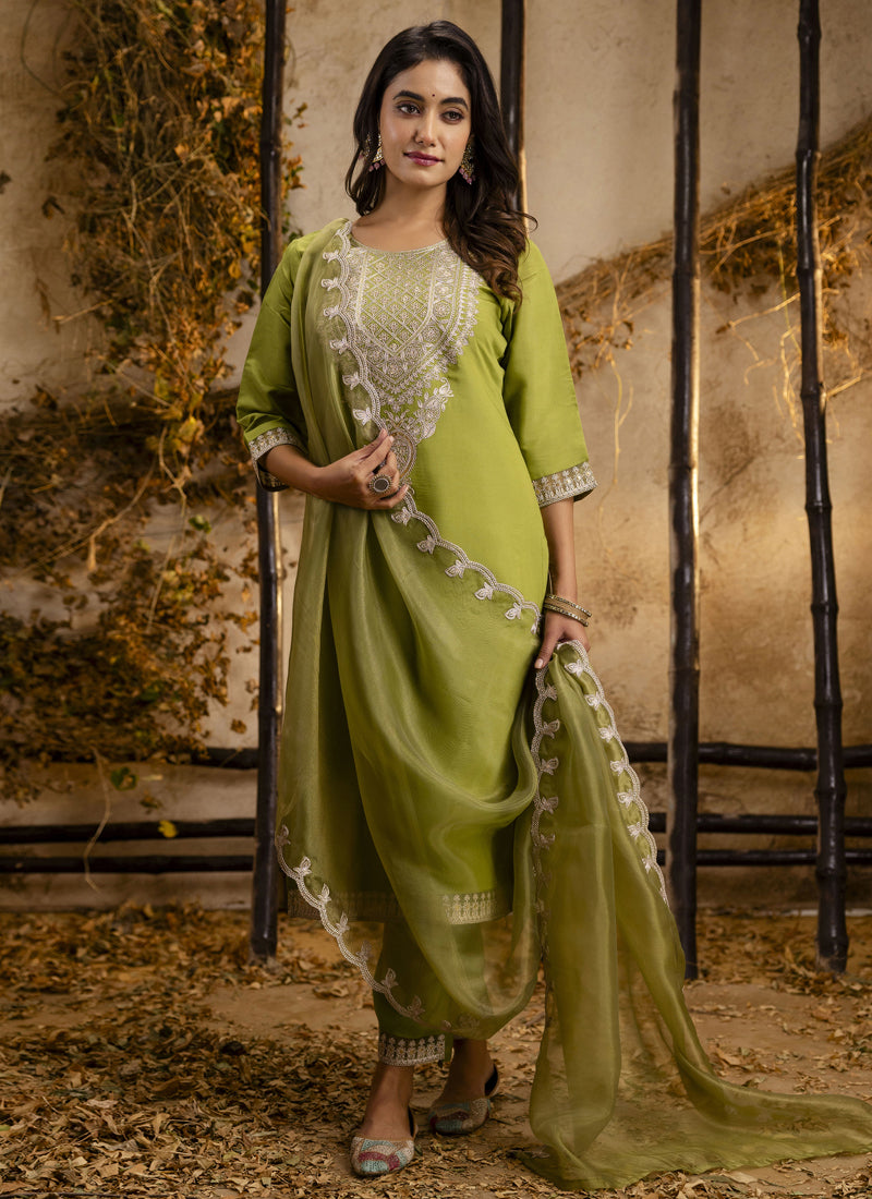 Vegaa Fashion Parrot Green Silk Blend Embroidered Salwar Suit | Grocsy