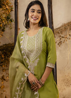 Vegaa Fashion Parrot Green Silk Blend Embroidered Salwar Suit | Grocsy