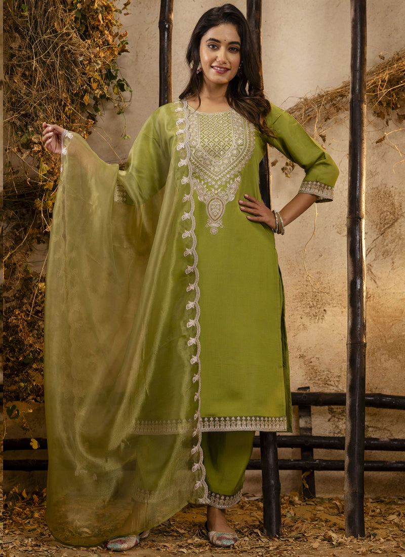 Vegaa Fashion Parrot Green Silk Blend Embroidered Salwar Suit | Grocsy