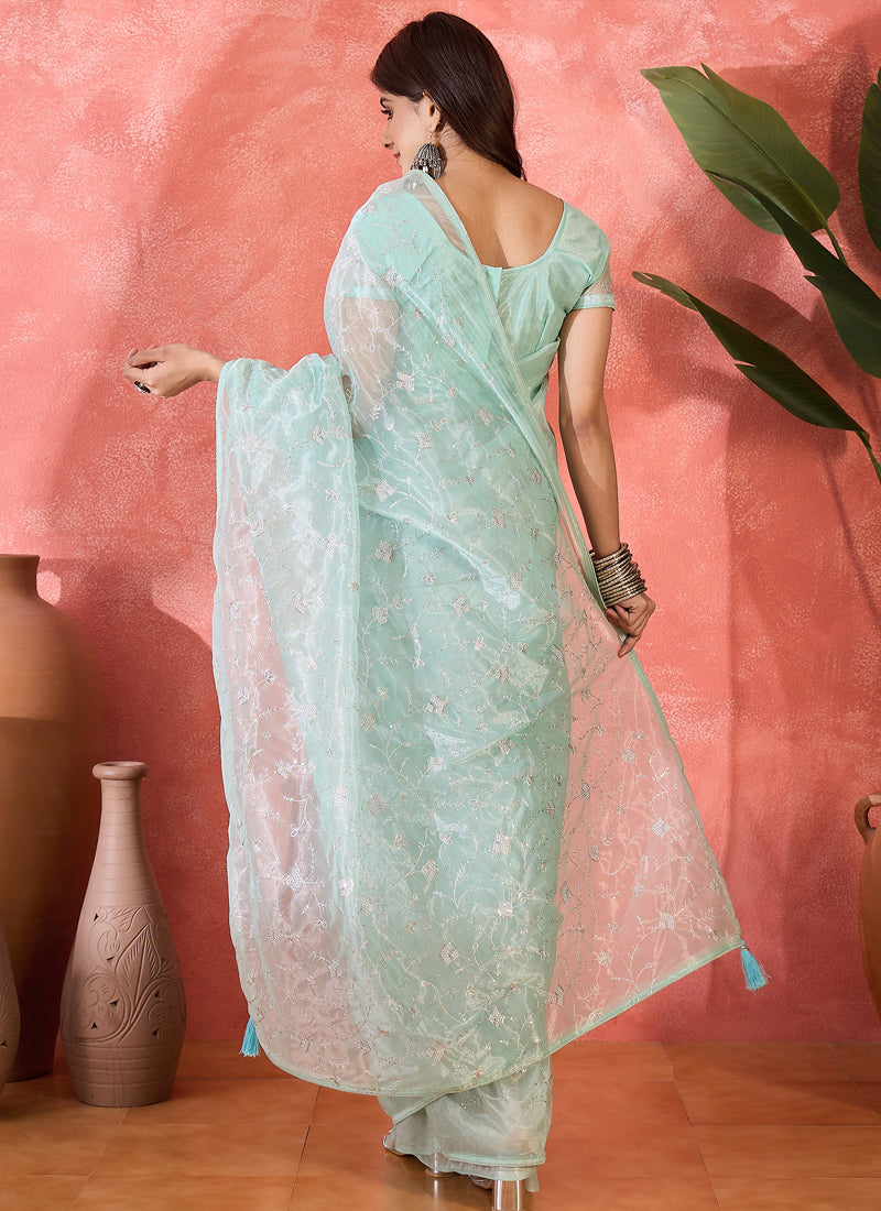 Vegaa Fashion Sea Green Organza Sequence Embroidered Party Wear Saree | Grocsy