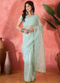 Vegaa Fashion Sea Green Organza Sequence Embroidered Party Wear Saree | Grocsy
