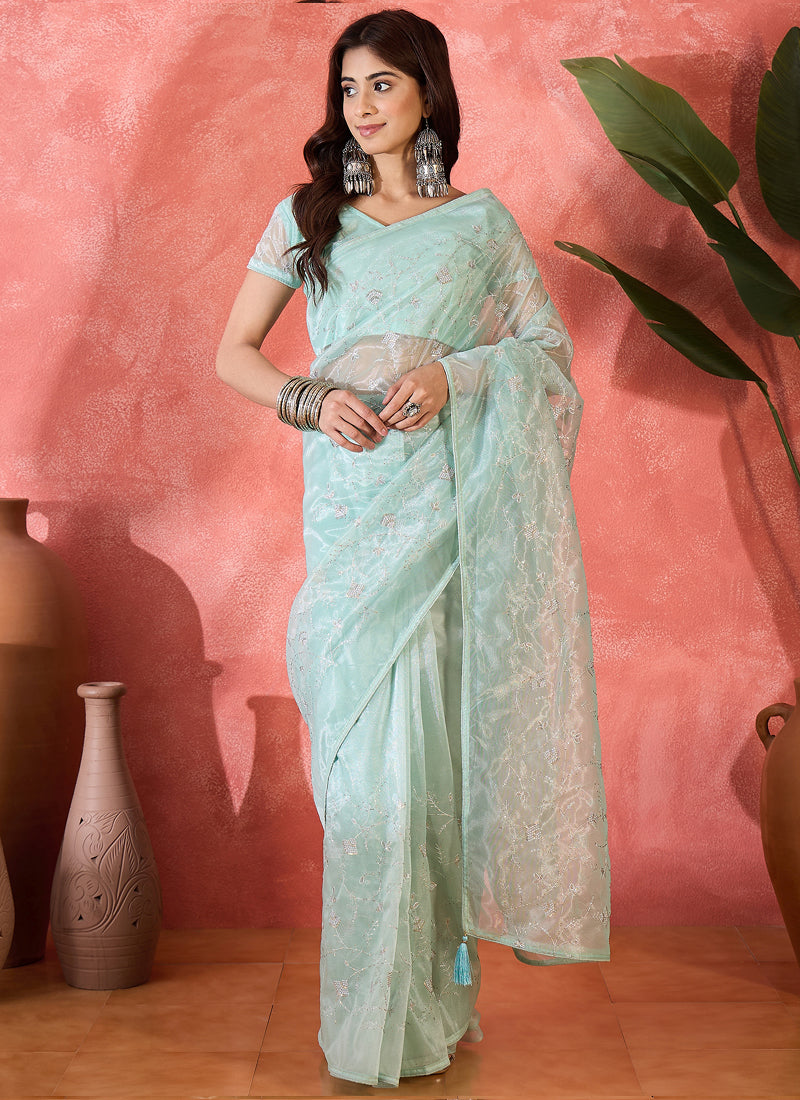 Vegaa Fashion Sea Green Organza Sequence Embroidered Party Wear Saree | Grocsy
