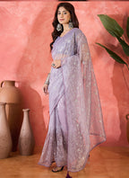 Vegaa Fashion Lavender Organza Sequence Embroidered Party Wear Saree | Grocsy