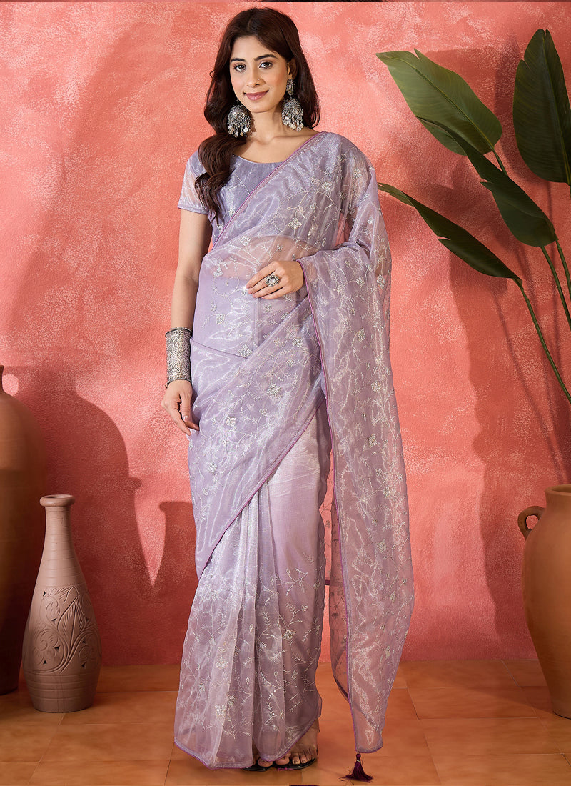 Vegaa Fashion Lavender Organza Sequence Embroidered Party Wear Saree | Grocsy