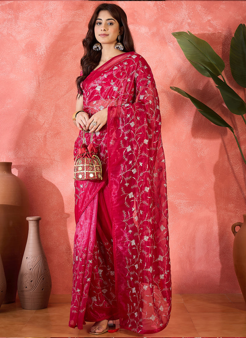 Vegaa Fashion Red Organza Sequence Embroidered Party Wear Saree | Grocsy