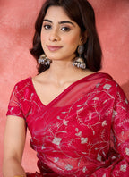 Vegaa Fashion Red Organza Sequence Embroidered Party Wear Saree | Grocsy