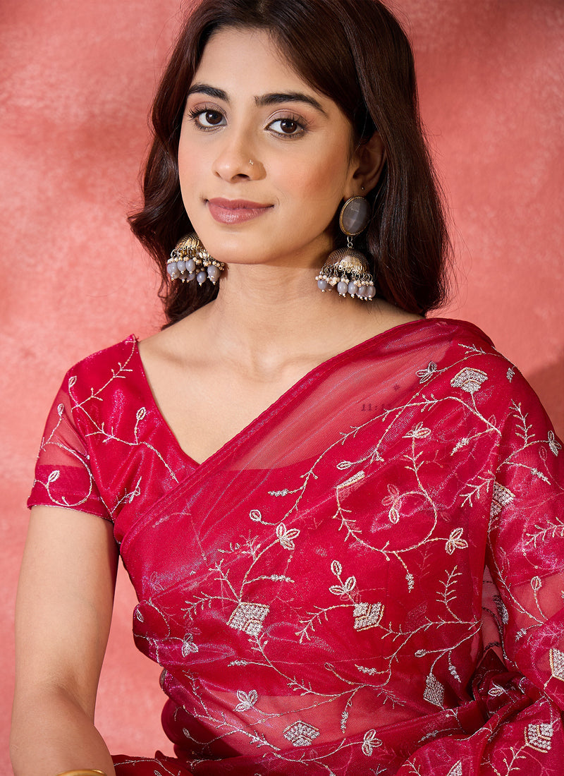 Vegaa Fashion Red Organza Sequence Embroidered Party Wear Saree | Grocsy