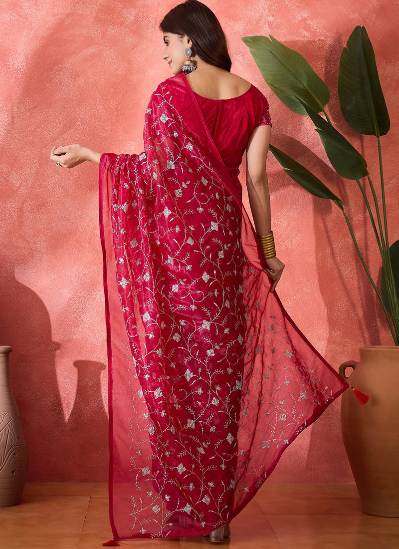 Vegaa Fashion Red Organza Sequence Embroidered Party Wear Saree | Grocsy
