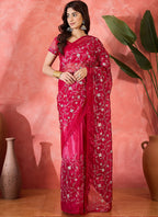 Vegaa Fashion Red Organza Sequence Embroidered Party Wear Saree | Grocsy