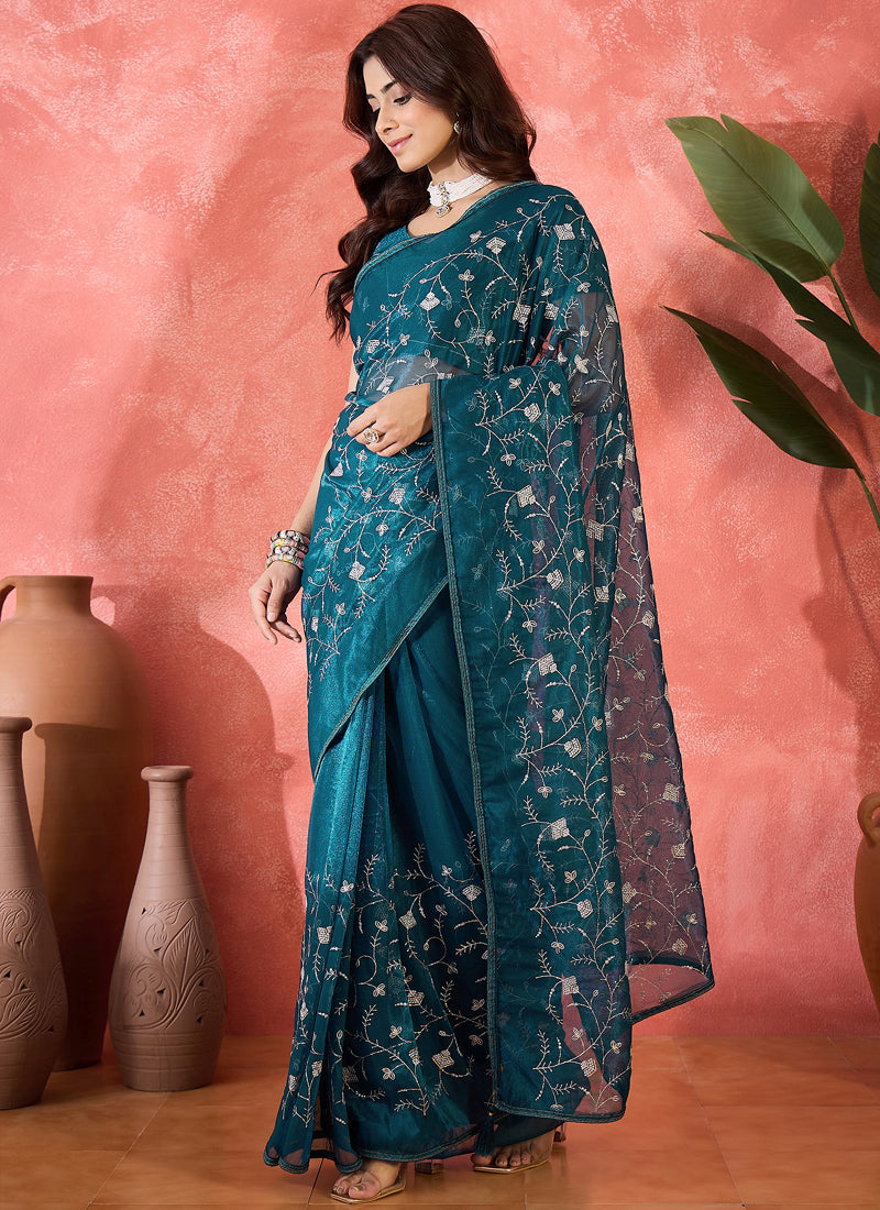 Vegaa Fashion Aqua Blue Organza Sequence Embroidered Party Wear Saree | Grocsy