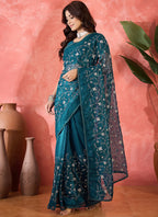 Vegaa Fashion Aqua Blue Organza Sequence Embroidered Party Wear Saree | Grocsy