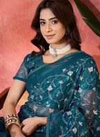 Vegaa Fashion Aqua Blue Organza Sequence Embroidered Party Wear Saree | Grocsy