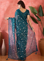 Vegaa Fashion Aqua Blue Organza Sequence Embroidered Party Wear Saree | Grocsy