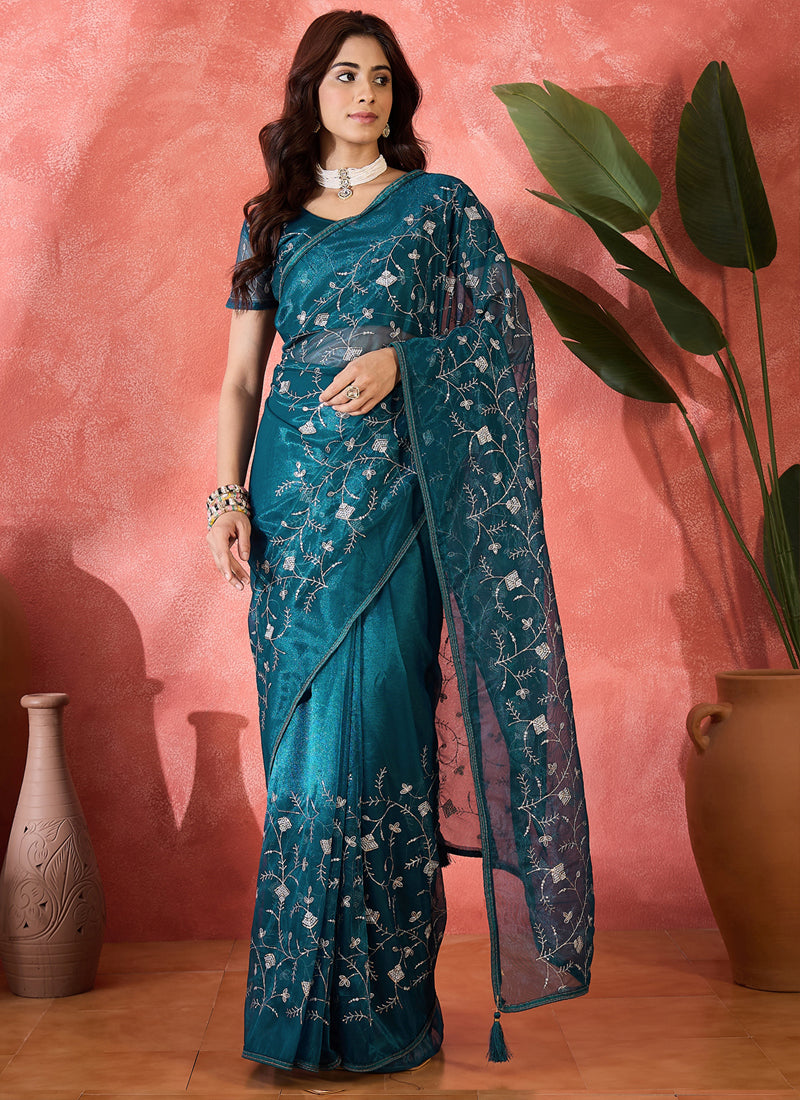 Vegaa Fashion Aqua Blue Organza Sequence Embroidered Party Wear Saree | Grocsy