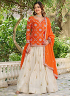 Vegaa Fashion Orange Chinon Silk Embroidered Lehenga Style Suit | Grocsy