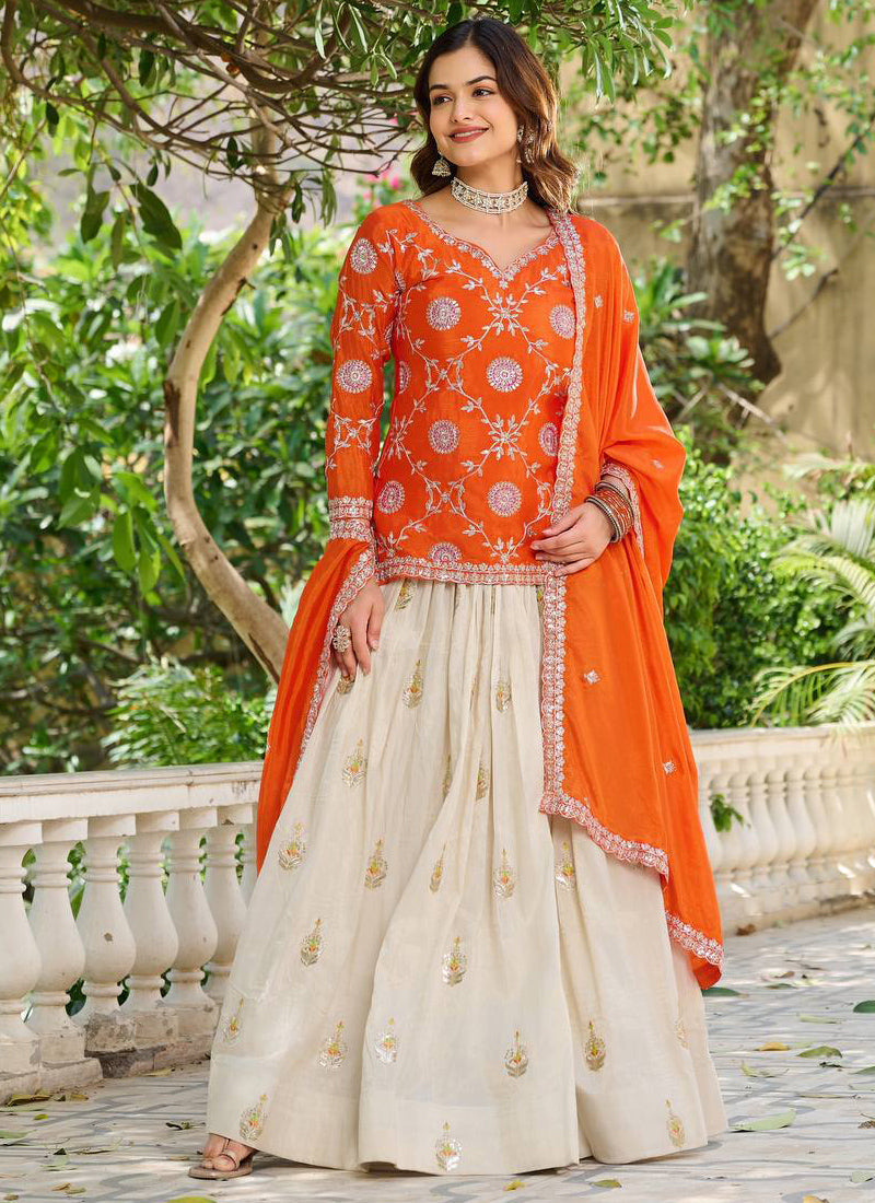 Vegaa Fashion Orange Chinon Silk Embroidered Lehenga Style Suit | Grocsy