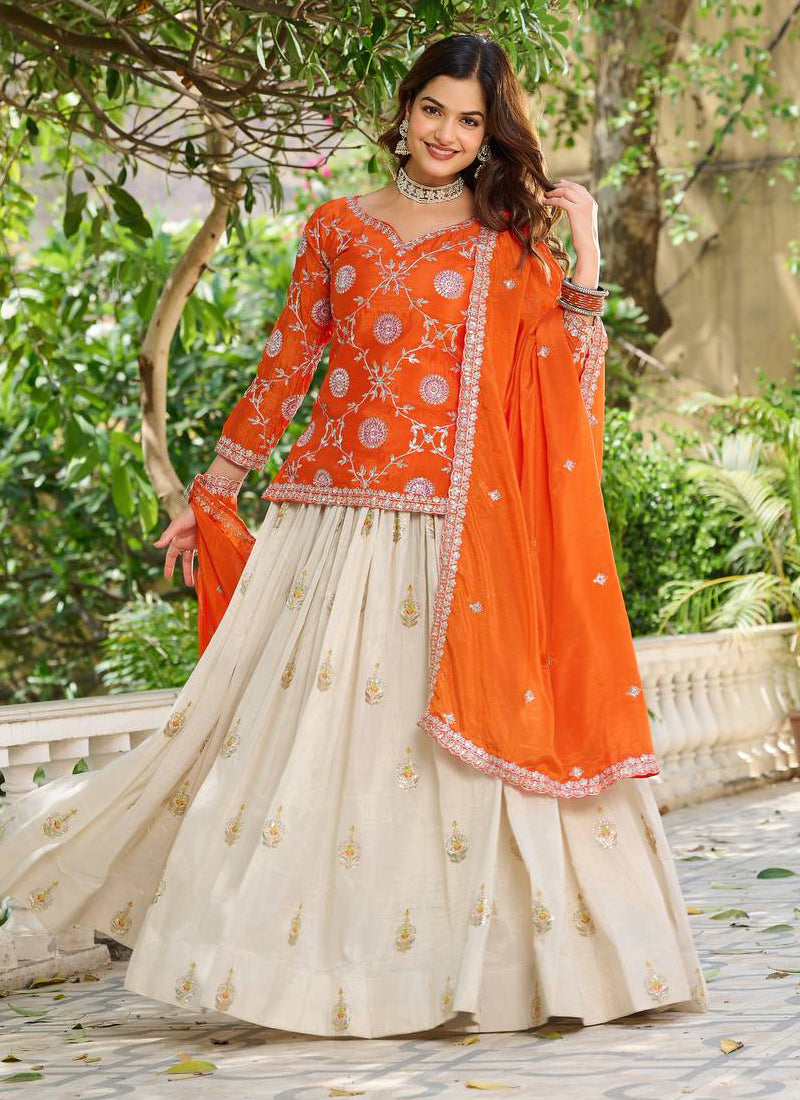 Vegaa Fashion Orange Chinon Silk Embroidered Lehenga Style Suit | Grocsy