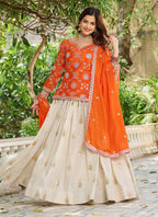Vegaa Fashion Orange Chinon Silk Embroidered Lehenga Style Suit | Grocsy