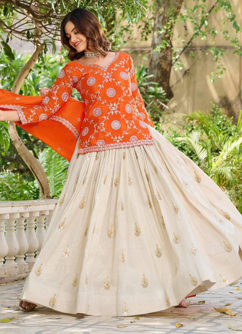 Vegaa Fashion Orange Chinon Silk Embroidered Lehenga Style Suit | Grocsy