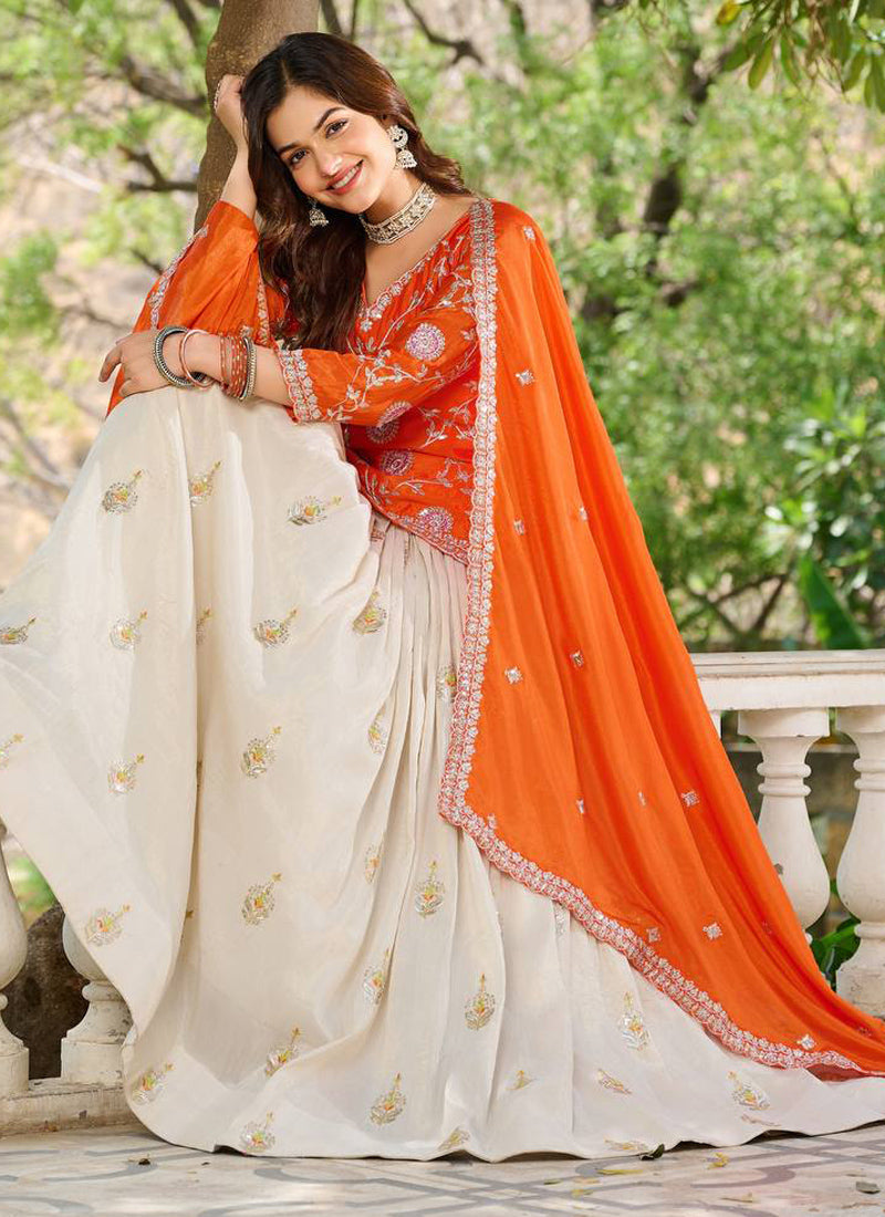 Vegaa Fashion Orange Chinon Silk Embroidered Lehenga Style Suit | Grocsy