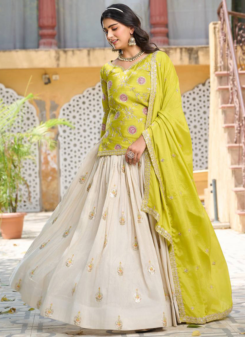 Vegaa Fashion Light Green Chinon Silk Embroidered Lehenga Style Suit | Grocsy