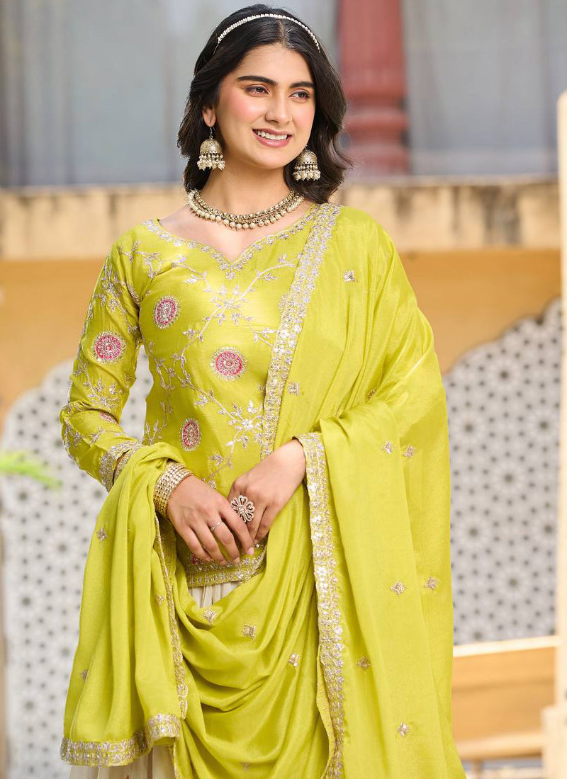 Vegaa Fashion Light Green Chinon Silk Embroidered Lehenga Style Suit | Grocsy