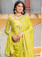 Vegaa Fashion Light Green Chinon Silk Embroidered Lehenga Style Suit | Grocsy