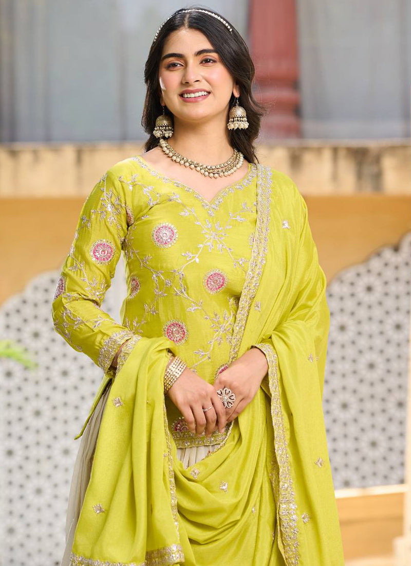 Vegaa Fashion Light Green Chinon Silk Embroidered Lehenga Style Suit | Grocsy