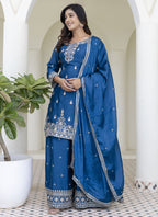 Vegaa Fashion Aqua Blue Chinon Silk Embroidered Palazzo Suit | Grocsy