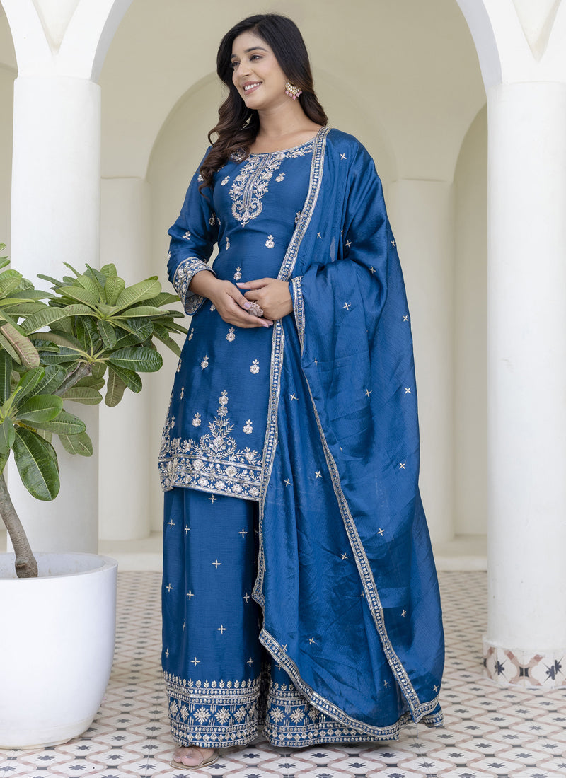 Vegaa Fashion Aqua Blue Chinon Silk Embroidered Palazzo Suit | Grocsy