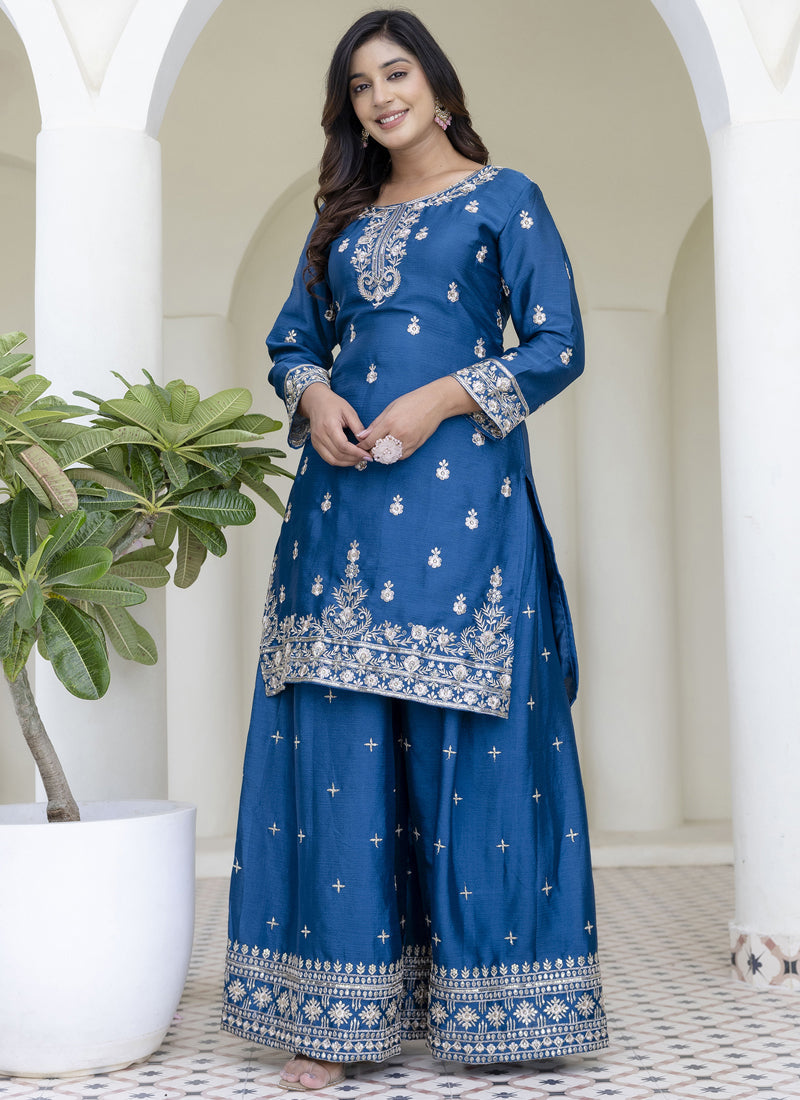 Vegaa Fashion Aqua Blue Chinon Silk Embroidered Palazzo Suit | Grocsy